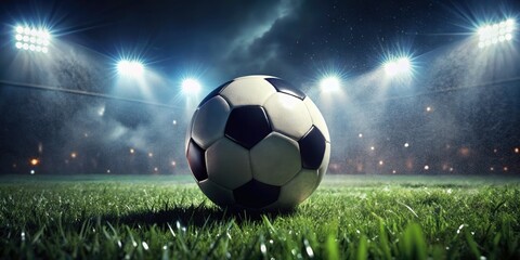 Naklejka premium Night football's monochrome magic: a black and white soccer ball under low light, gracing the green.