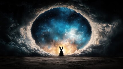 A rabbit sitting in the middle of a dark sky with a nebula in the background