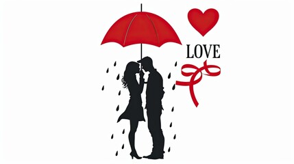 a couple's silhouette with a red umbrella and heart-shaped ribbon