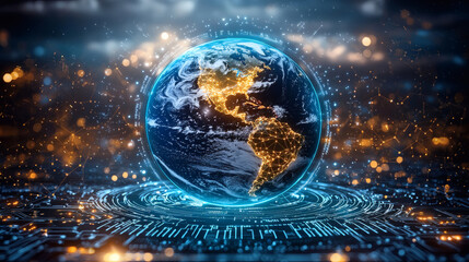 Obraz premium Global Network: A visually striking image of Earth as a glowing orb, floating above a futuristic circuit board, symbolizing the interconnectedness of our planet through technology.