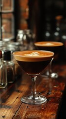 A beautifully crafted espresso martini in a stylish glass, set against a cozy, warm-toned café background.