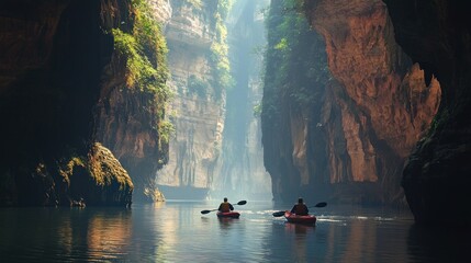 Fototapeta premium Kayaking through a Mystical River Canyon: An Epic Adventure