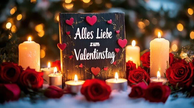 Alles Liebe zum Valentinstag with Romantic Candles and Roses Decoration