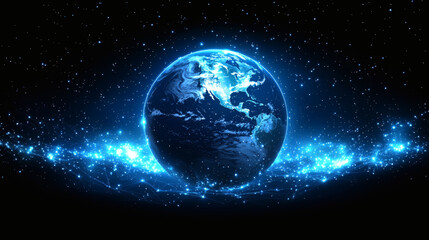 Obraz premium Celestial Earth: A vibrant, stylized depiction of planet Earth, glowing with electric blue energy against the backdrop of a star-studded cosmos. The image evokes a sense of wonder and cosmic power.