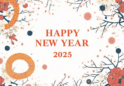 
A white background with an orange snake pattern in the center, and "HAPPY NEW YEAR" written on it. There is also text that says "2025". 
