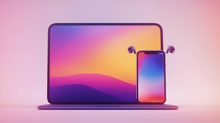 Laptop, smartphone, and wireless earbuds on pink background.