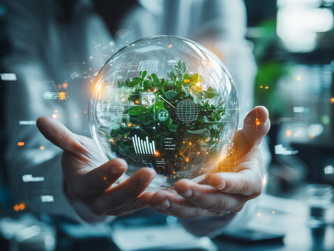 Ai generates a glowing green planet held by robotic hands in a futuristic environment for sustainable growth