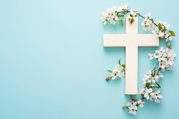 Wooden cross with spring flowers on blue background with copy space. Religion background. Religious church holidays. Christianity Feast, Easter, Palm Sunday, Christening, church wedding. Flat lay 