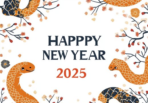 
A white background with an orange snake pattern in the center, and "HAPPY NEW YEAR" written on it. There is also text that says "2025". 