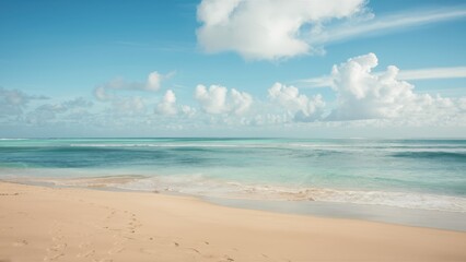 Fototapeta premium Serene tropical beach, turquoise ocean waves, soft sandy shore, fluffy white clouds, clear blue sky, peaceful coastline, gentle surf, tranquil seascape, sun-drenched landscape, idyllic vacation scene,