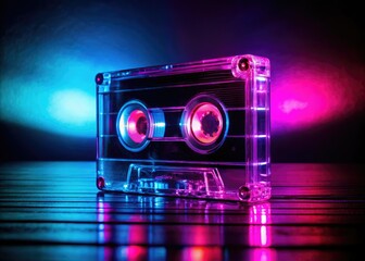 Fototapeta premium Retro pink and blue neon cassette tape, minimalist 80s aesthetic.