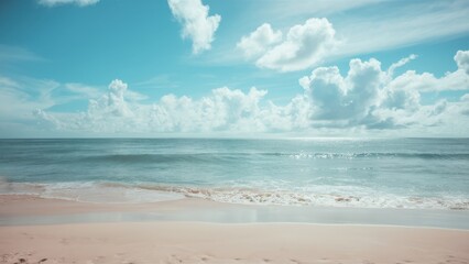 Serene tropical beach, turquoise ocean waves, soft sandy shore, fluffy white clouds, clear blue sky, peaceful coastline, gentle surf, tranquil seascape, sun-drenched landscape, idyllic vacation scene,