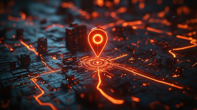 Futuristic city map shows glowing red location pin. Tech navigation system highlights destination. Urban landscape looks like circuit board. Advanced tech concept. Global positioning system for - Powered by Adobe