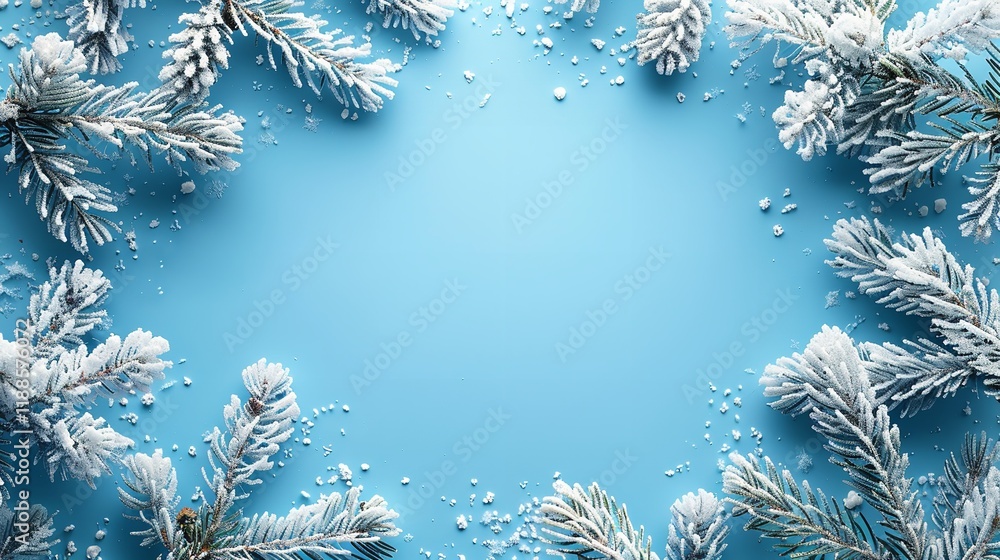 Poster a close-up view of an arrangement made of white fir branches on a blue backdrop with plenty of conte