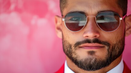 A man with a beard wearing a red suit and sunglasses