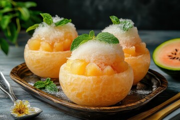 Tray with close up of ice melon Bingsu or ice cream