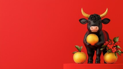 Fototapeta premium A decorative black bull holding an orange, surrounded by oranges and flowers, set against a bright red background, symbolizing prosperity and celebration.