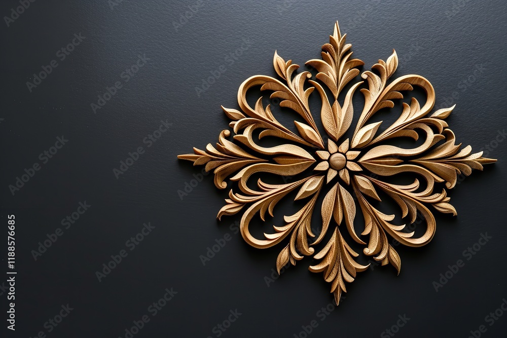 Poster a detailed view of a classy wooden snowflake with a large copy area for backdrop use on a glossy bla