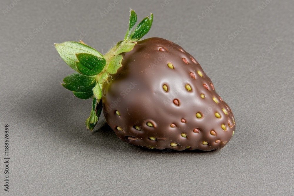Poster close-up view of a single chocolate coated strawberry on a dark background with soft shadows highlig