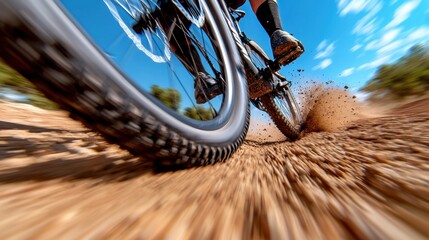 Naklejka premium A person riding a mountain bike on a dirt trail