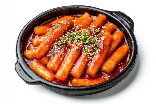 Tteokbokki Classic Korean rice cakes in spicy sauce against a white background
