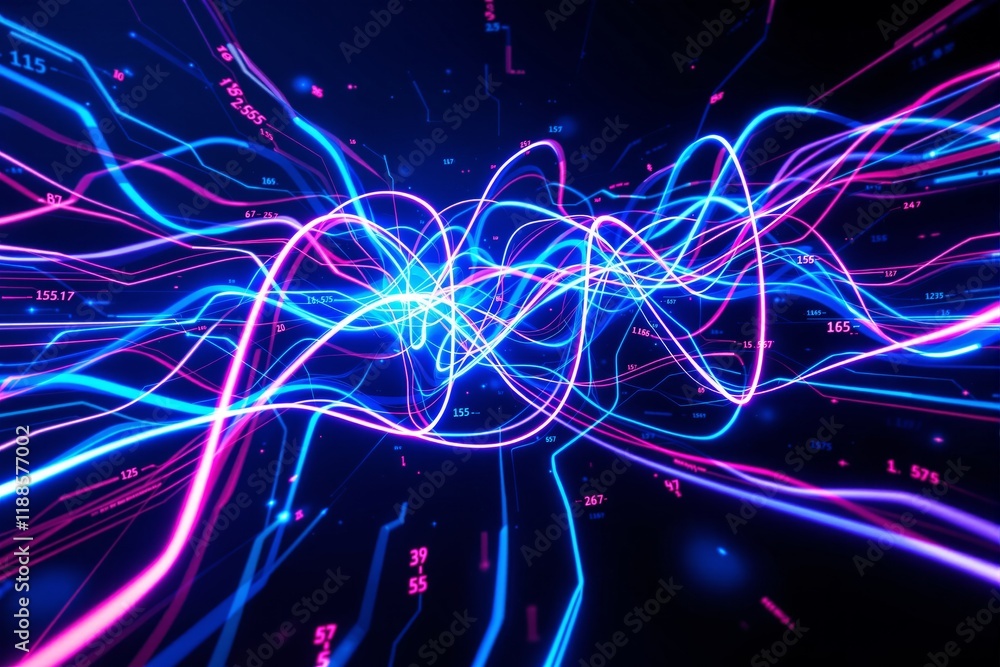 Poster abstract glowing neon lines in blue and pink hues, flowing dynamically on a dark background, symboli