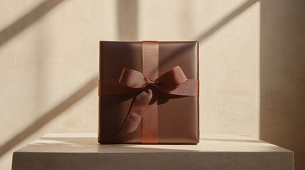 3D brown gift box with chocolate ribbon bow on lid on fashion beige light and shadow background. elegant fashion gift present template design for online shopping sale party with copy space