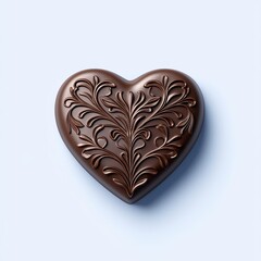 Happy Valentine's Day. Heart-shaped chocolate with elegant floral designs on a light blue background.