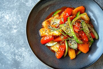 Tteokbokki Rice cakes saut&eacute;ed in spicy gochujang with veggies and fish cakes