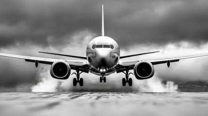 Naklejka premium A large passenger jet flying through a cloudy sky