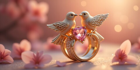 Fototapeta premium Two golden birds perched on a ring, embracing a pink heart-shaped gemstone. A symbol of love and commitment, captured in exquisite detail against a soft, romantic background of pink blossoms. 