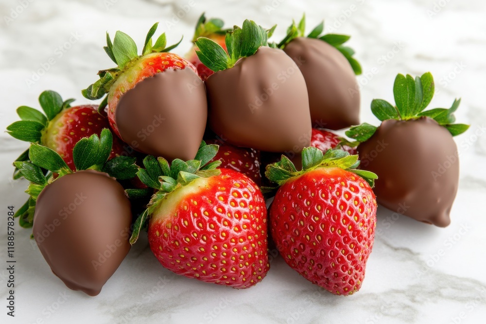 Poster a beautiful stack of chocolate dipped strawberries on a luxurious marble countertop with soft golden