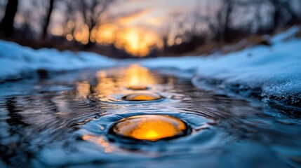 Obraz premium A puddle of water with the sun setting in the background