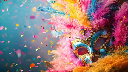 Festive background Vibrant Carnival background with swirling confetti, feathered masks, and bright tropical colors like pink, yellow, and blue over a dynamic gradient