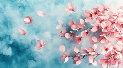 Obraz premium Festive background Delicate Sakura-themed background featuring soft pink cherry blossom petals floating against a pastel blue sky with a subtle watercolor effect