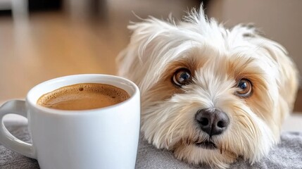 A small white dog laying next to a cup of coffee