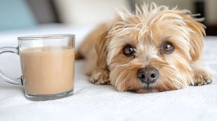 A small dog laying on a bed next to a cup of coffee