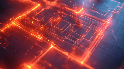 Obraz premium Abstract Digital Circuitry: Glowing red and blue lines intersect on a dark background creating a mesmerizing abstract digital circuit board pattern.