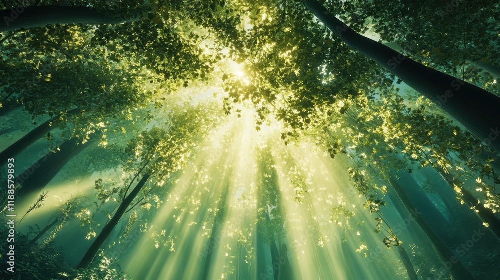 Poster sunlight filtering through lush green canopy of forest creating a magical atmosphere with rays of li