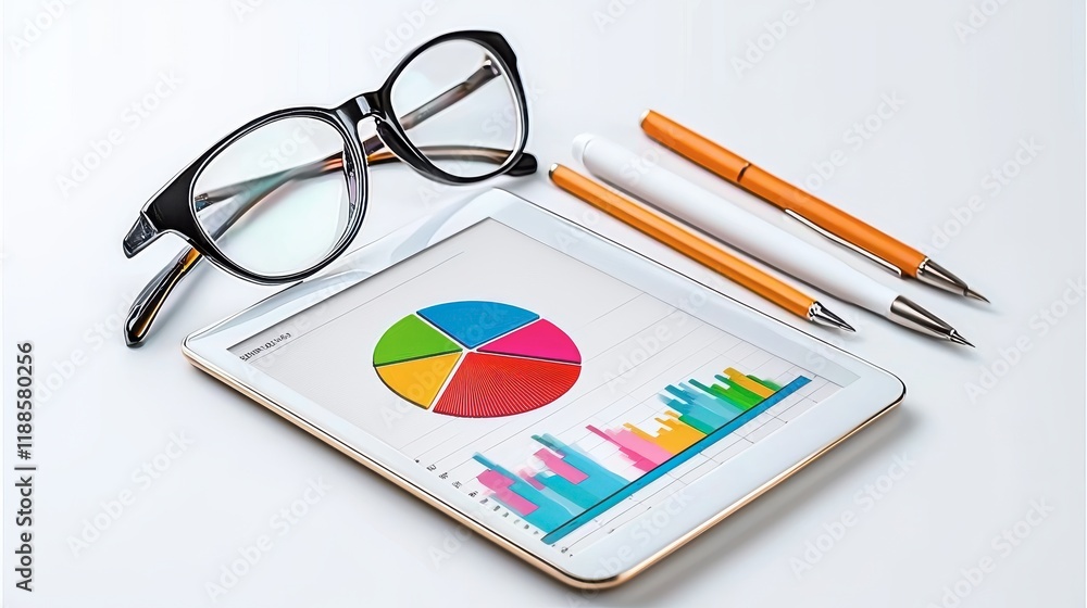 Poster a tablet displaying colorful charts and graphs, accompanied by glasses and pens, symbolizing data an