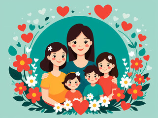 Happy family mother and children flowers hearts