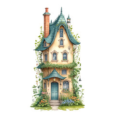 Whimsical fantasy little house. Tall, narrow watercolor design wrapped in ivy and flowers. Isolated on white background. Perfect for magical and creative designs...