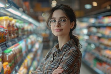 Confident woman owner at supermarket aisle.
