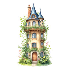 Whimsical fantasy little house. Tall, narrow watercolor design wrapped in ivy and flowers. Isolated on white background. Perfect for magical and creative designs...