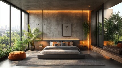 Modern bedroom with a serene atmosphere and natural elements, featuring large windows and urban views.