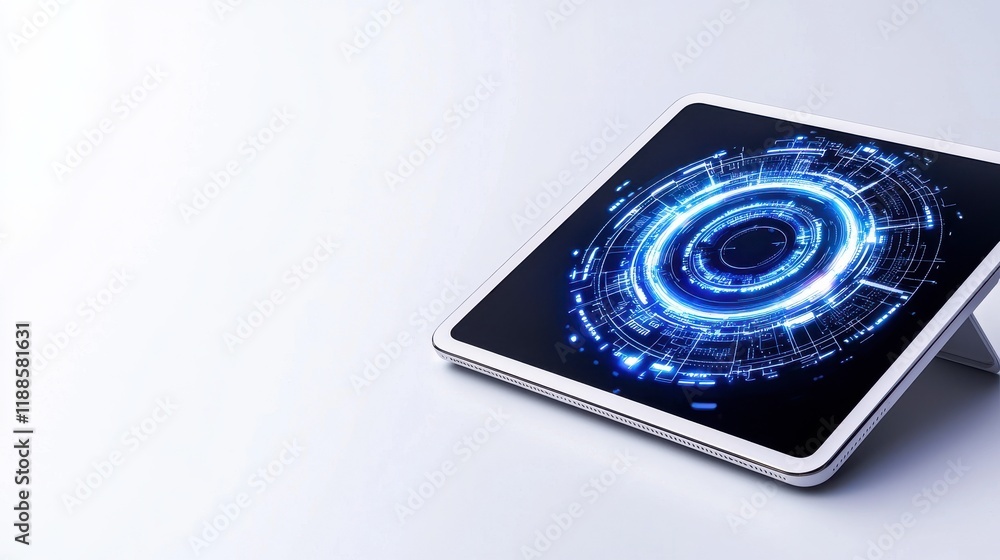 Poster a sleek tablet displaying a vibrant digital interface with intricate blue patterns, suggesting advan