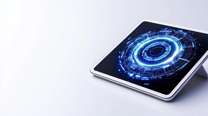 A sleek tablet displaying a vibrant digital interface with intricate blue patterns, suggesting advanced technology and modern connectivity.