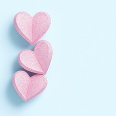 Happy Valentine's Day. Three pink heart shapes arranged on a light blue background.