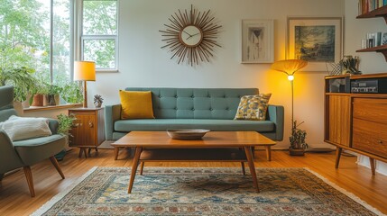 Retro Living Room with Mid-Century Modern Design Featuring Turquoise Sofa and Sunburst Mirror