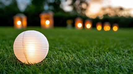 A white paper lantern sitting on top of a lush green field